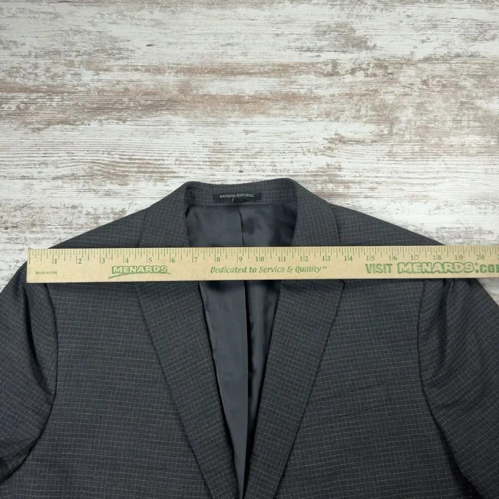Banana Republic Men 2pc Suit 44R 36x31 Gray Grid Check Slim Fit Polyester Rayon